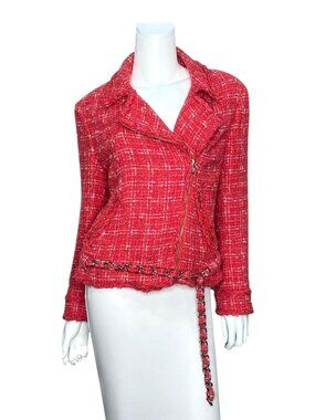CHANEL 06P Runway Coral Pink Red Tweed Biker Jacket Chain Belt - FR 42 US 8/10